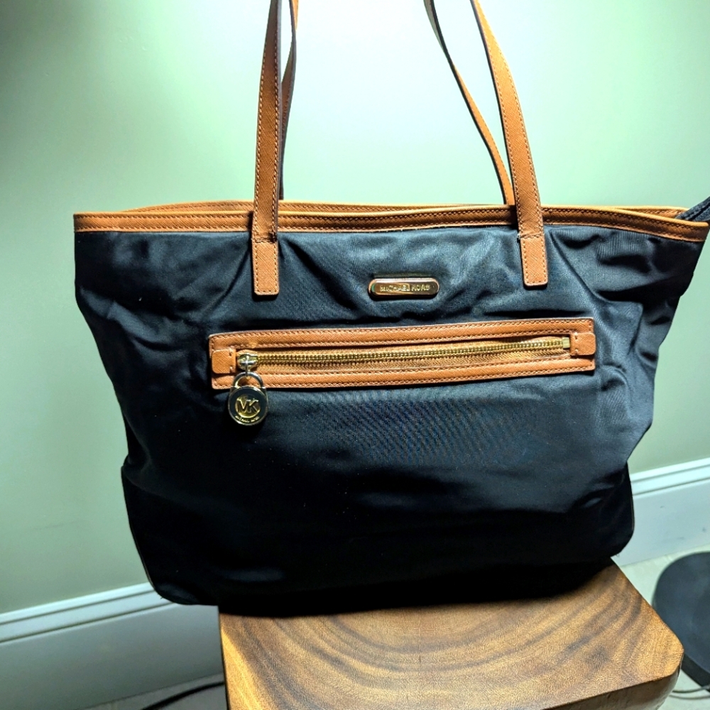 Michael Kors Kempton Nylon Satchel  Black with Brown Leather Handle Tote Bag Zip